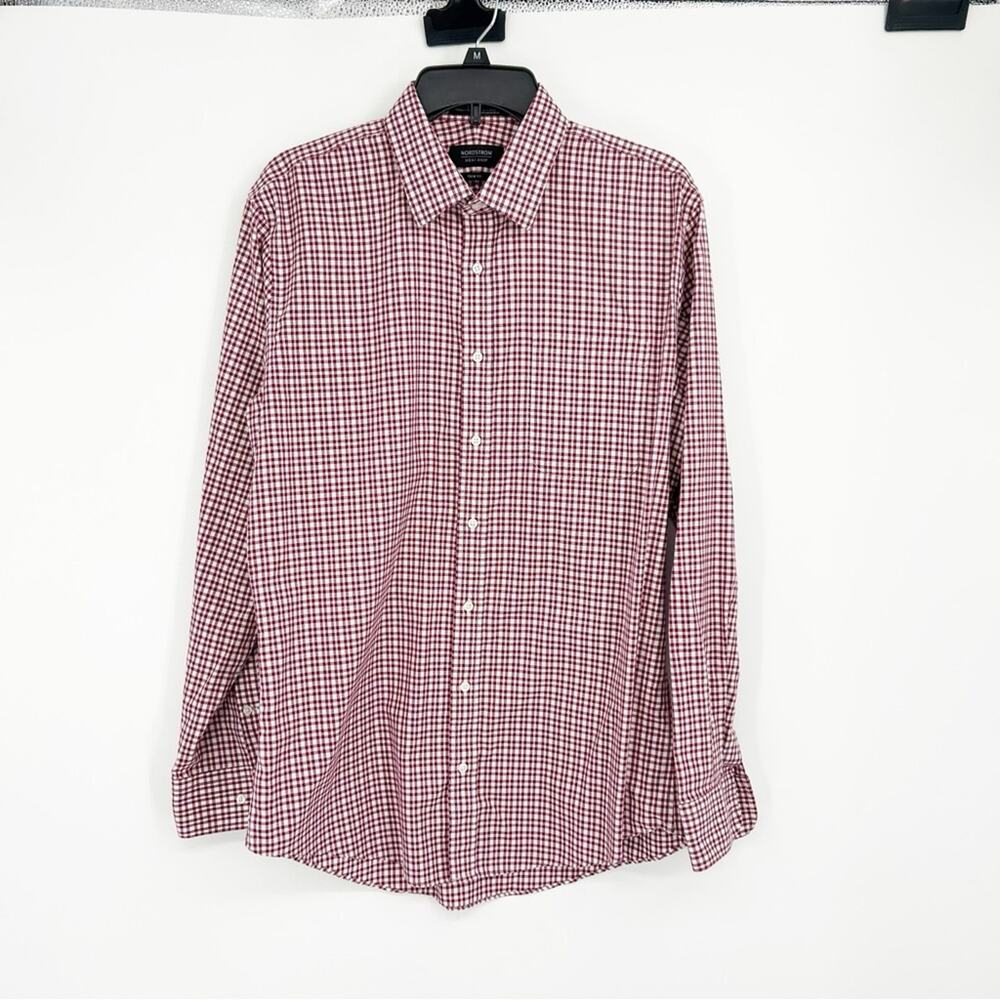 Nordstrom Red Check Button Down Shirt Trim Fit 100% Cotton Wrinkle Free Size 16"